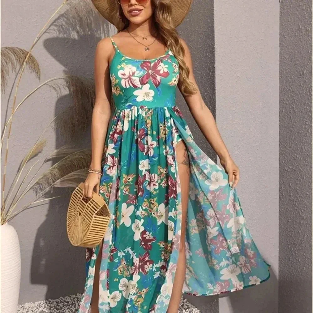 Women Summer Spaghetti Strap Romper Split Maxi Party Casual Dress